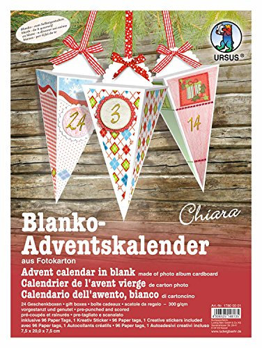 Ursus 17800001 - Adventskalender, Chiara blanko, 300 g/qm, aus Fotokarton, hochweiß, vorgestanzt und genutet, 24 Geschenkboxen, 96 Paper Tags, Kreativ Sticker in gold, inklusive Bastelanleitung