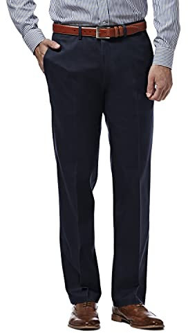 Haggar Men's Premium No Iron Khaki Straight Fit Flat Front Casual Pant, Dark Navy, 34W x 32L