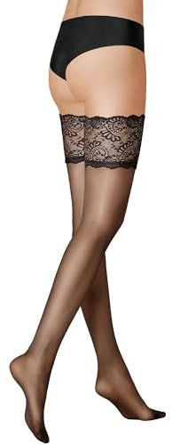 KUNERT Damen Halterlose Strümpfe Satin Look 20 breites Spitzenband 20 DEN Black 0500 L