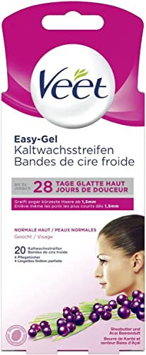 Veet Easy-Gel Kaltwachsstreifen - Geeignet für normale Haut - Anwendung für Gesicht - Bis zu 28 Tage glatte Haut – Minimum Inhaltsstoffen - 10 Doppelstreifen = 20 Einzelstreifen