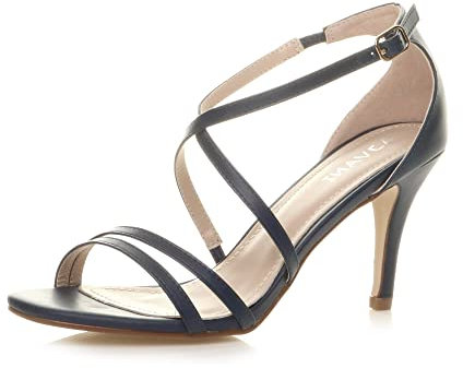 Ajvani Womens Ladies mid high Heel Strappy Crossover Wedding Sandals Shoes, Navy Matte, 7 UK