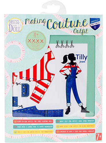 DRESS YOUR DOLL Mini Schneiderpuppe Nähset Anfänger Mit Stoff TILLY JEANS Modepuppen Kleidung Nähen Lernen für Kinder Kreatives Hobby für Zuhause ca. 30 x 39 cm Modedesign Puppe Fashion Design Kit