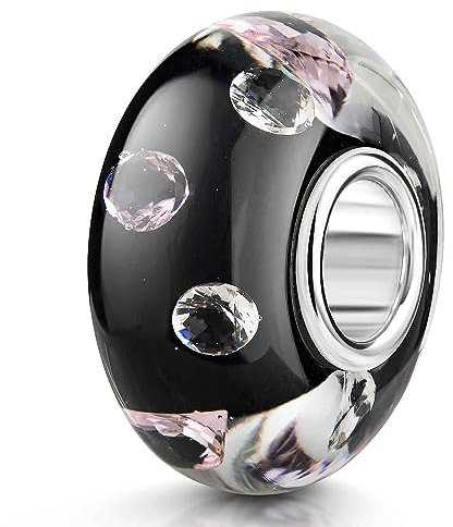 MATERIA by Matthias Wagner Perle en verre noire avec 8 zircons roses et blancs #1180