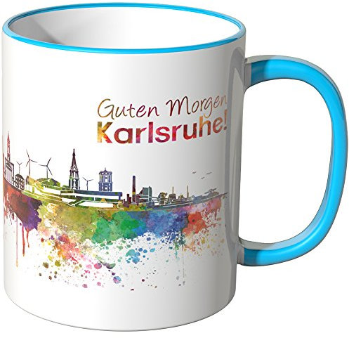 WANDKINGS® Tasse, Schriftzug Guten Morgen Karlsruhe! mit Skyline - BLAU