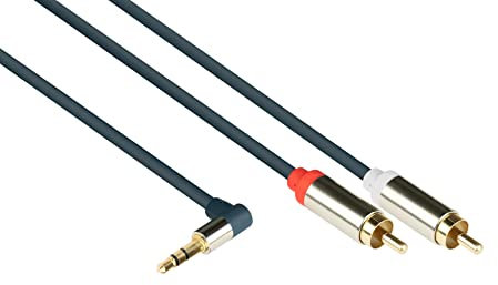 Good Connections GC-M0067 - Cable de conexión de audio de alta calidad, 3,5 mm, conector jack acodado a la derecha a 2 conectores RCA (CA), OFC, carcasa de metal, 5 m, color azul oscuro
