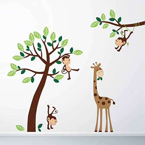 StickersWall Kids Wall Stickers Childrens Nursery Wall Stickers Monkey Tree Jungle Animal Giraffe Wall Decals Wall Art Stickers Kids Bedroom Wall Stickers Baby Kids Room Decoration