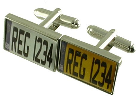 Personalised Hand Made White & Yellow UK Car Number Registration Plates + Black Pouch