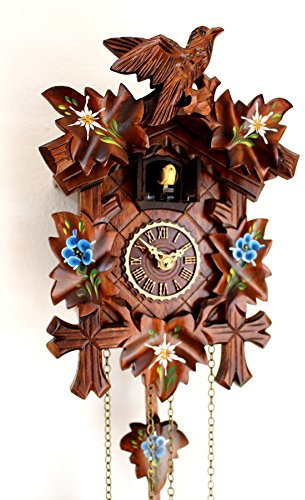 CLOCKVILLA HETTICH-UHREN Schwarzwälder Kuckucksuhr geschnitzt Quarz Uhr mit Edelweiss Enzian bemalt