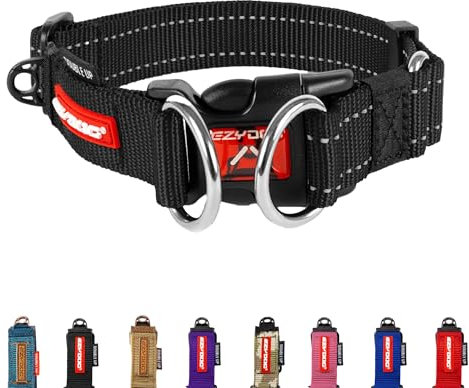 EzyDog Double Up Dog Collar - Reflective Dog Collar Medium with ID Tag D-Ring, For Small, Medium & Large Dogs - Supreme Comfort with Soft & Strong Nylon Webbing - Black