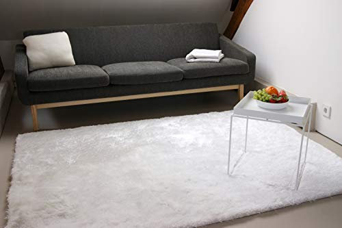 floor factory Exklusiver Hochflor Shaggy Teppich Satin weiß 140x200 cm - edler, seidig glänzender Teppich