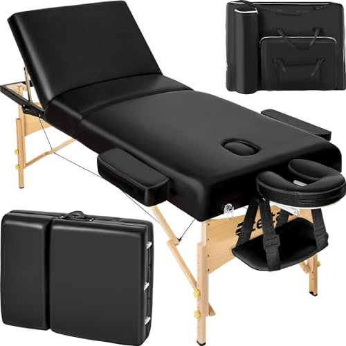 tectake® höhenverstellbare Massageliege klappbar mit 3 Zonen, Massagetisch, 10 cm Polsterung, Mobile Massageliege, Kopf-und Armstütze, Massagebank mit Holzfüßen, Zubehör Tragetasche - schwarz