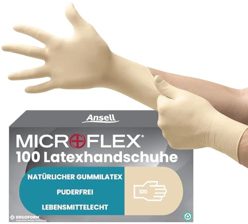 Ansell Microflex 63-864, Einmalhandschuhe mit Texturierten Fingerspitzen, Latexhandschuhe industriegeeignet, Lebensmittelhandschuhe zertifiziert, Arbeitshandschuhe, Einweghandschuhe, 100 Stück, Gr. L
