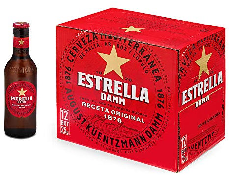 Damm - Cerveza Estrella Damm, Caja de 12 Botellas 25cl | Cerveza Lager Mediterránea, Receta Original 1876, 100% Ingredientes Naturales, en Botellín