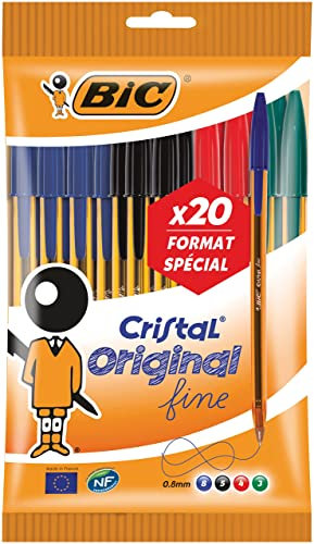 BIC Cristal Original Stylos-Bille Pointe Fine (0,8 mm) - Écriture Fine et Précise - Couleurs Assorties, Pochette Format Spécial de 20