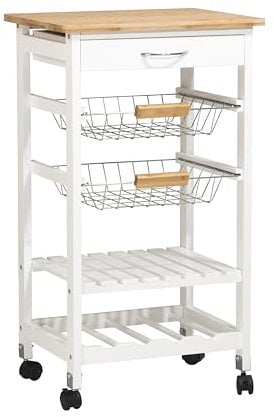 spot on dealz® 5 Tier Kitchen Trolley Mobile Rolling Kitchen Island For Home 1 Drawer, Metal Baskets, Storage Shelf, Wine Rack, Fruit & Veg Storage Bamboo Top Oak Colour With White MDF Frame