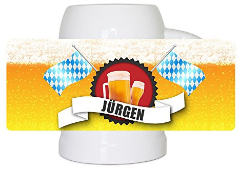 Bierkrug mit Name Jürgen und schönem Bier-Motiv mit blau-weißen Flaggen | Bier-Humpen | Bier-Seidel
