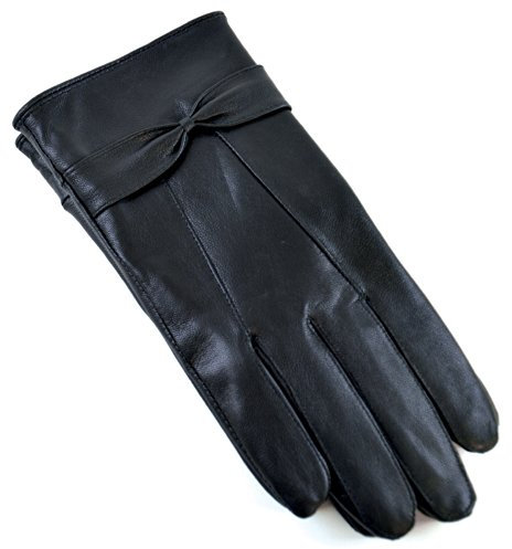 Rjm Ladies Lined Black Sheepskin Leather Gloves With Bow Size S/M