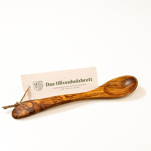 DAS OLIVENHOLZBRETT® Esslöffel aus Olivenholz/Müslilöffel mit auffäliger, charakteristischer und schöner Olivenholz Maserung/Holzlöffel Olive/Löffel für Bowl und Müsli /20cm
