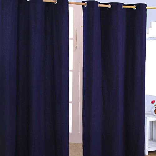 Homescapes 2er Set eifarbige Ösen Gardinen je B137 x L182 cm aus 100% Baumwolle, blickdichte Vorhänge/Dekoschals/Ösenvorhänge für Wohnzimmer oder Küche, Marineblau