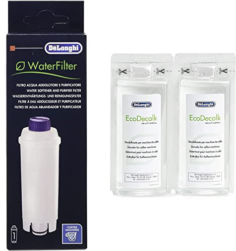 De'Longhi DLSC002 Filtro agua antical, para cafeteras superautomáticas, original + Ecodecalk Mini Descalcificador universal, cafeteras superautomáticas, pack x2, 100 ml, componentes naturales