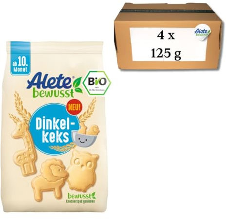 Alete bewusst Bio-Dinkelkeks (4x125 g) - Knusprige Dinkelkekse für Babys, Ohne Palmöl, Ab dem 10 Monat