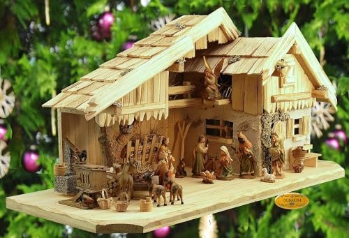 ÖLBAUM-Krippe KA70na-MF-SKR-T2L Historische Weihnachtskrippe, mit GRANITBRUNNEN Wassergrand + Premium-DEKOSET Krippenstall, Massivholz Natur gebrannt - mit Premium-Krippenfiguren mit exakter,