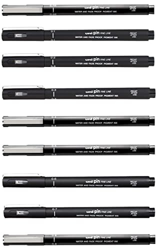 Uni PIN Fine Line Drawing Pens Black Ink 0.05 to 0.8 (Set of 9)