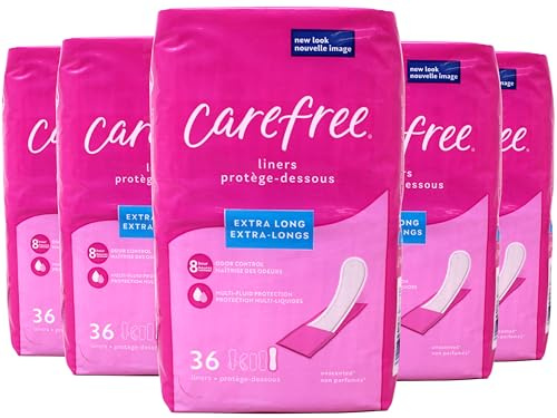 Carefree Extra Long Panty Liners, Unscented, Multi-Fluid Protection, 36 Count (Pack of 5)