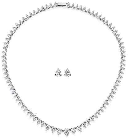 Bling Jewelry Klassisches Traditionelles Brautabschluss Tränen Aa CZ Statement Collier Tennis Halskette Mit Steckern Schmuckset Für Frauen Hochzeit Abschlussball Silber Plattiert