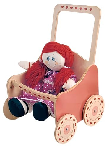 Dida - Puppenwagen Natur aus Holz, Großer Puppenwagen für Puppen bis zu 50 cm, Rollenspielzeug für Kinder von 2 bis 4 Jahren, Ideal für die Kreative Entwicklung