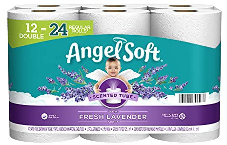 Angel Soft® Carta igienica con tubo profumato alla lavanda fresca, 12 rotoli doppi = 24 rotoli normali, tessuto da bagno a 2 strati