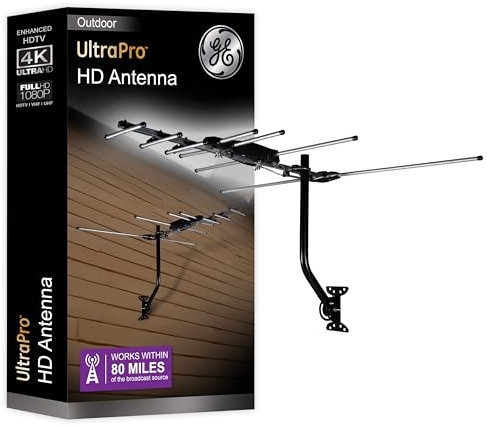 GE Outdoor HD Digital TV Antenna, Long Range OTA HDTV Antenna, Yagi Style Design, Supports 4K 1080P HD Smart TV VHF UHF, J Mount Included for Attic or Outdoor, Weather Resistant, 33685