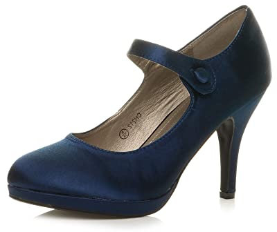 Womens Ladies mid high Heel Mary Jane Strap Evening Court Shoes Pumps Size 5 38, 5 UK, Navy Satin