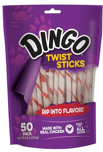 Dingo Twist Sticks Premium Rawhide Treats For Dogs Made with Real Chicken, 50 Count
