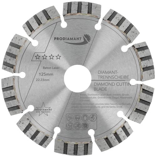 PRODIAMANT Laser Diamanttrennscheibe 125mm x 22,23 Beton Stahlbeton Stein und Ziegel Diamant Turbo-Segmente lasergeschweißt …