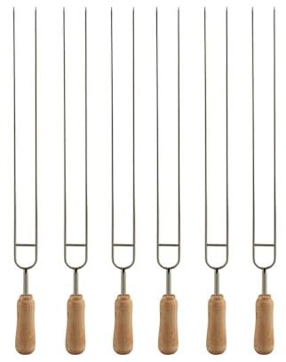 Imeea - Pinchos para barbacoa de doble punta de acero inoxidable, mango de madera, 38,1 cm, 6 unidades