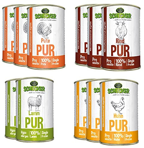 Schecker Nassfutter - Fleisch PUR 11er - 4 Sorten - Rind - Huhn - Lamm und Pute Pur - 11 Dosen je 410 g