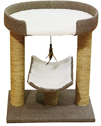 Rosewood Saffron Cat Scratching Post, Features 2 Posts & 2 Relaxing/Sitting Areas, Includes Hanging Feather Toy, Perfect for Play & Rest, Durable & Stylish