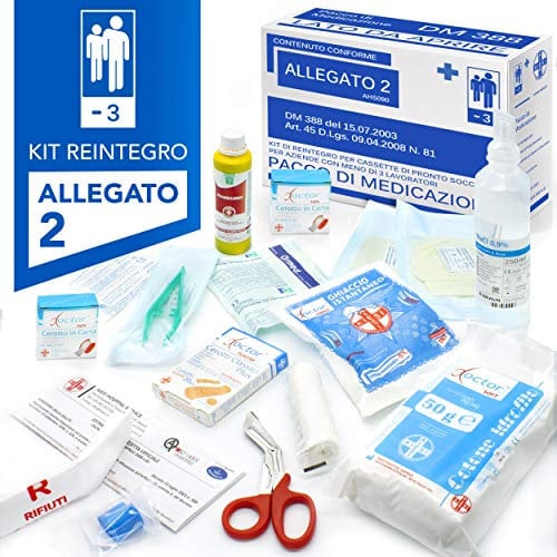 AIESI® kit di reintegro ALLEGATO 2 pacco medicazione per cassetta pronto soccorso aziende meno 3 dipendenti, Conforme DM388/DL81, Made in Italy