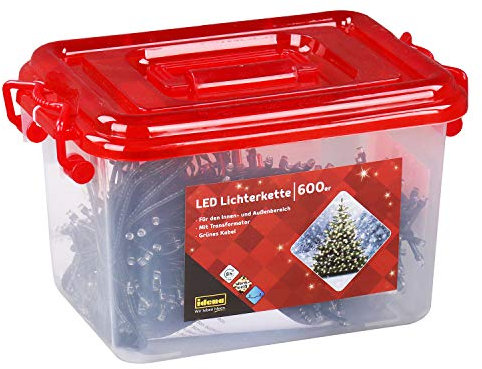Idena 31090 - Cadena de luces LED con 600 LED en blanco cálido, con función de temporizador de 8 horas y transformador, para interior y exterior, como decoración para fiestas, navidad