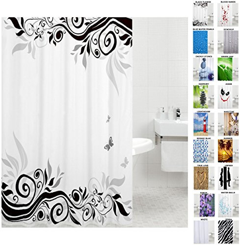 Sanilo Duschvorhang, viele schöne Duschvorhänge zur Auswahl, hochwertige Qualität, inkl. 12 Ringe, wasserdicht, Anti-Schimmel-Effekt (Black Flower)