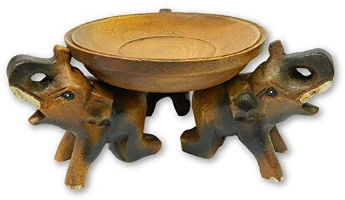 Thai Gifts Wooden Elephant Tray Carving - Hand Carved Table Bowl Plant Stand - Size: H10cm x W20cm x D15cm