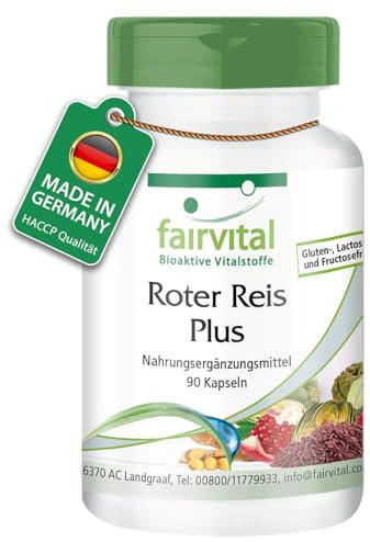 Fairvital | Riz Rouge Plus - avec 2,94mg de monacoline K, chrome, extrait d'Artichaut, de schisandra, de peau de grenade et de graines de soja - HAUTEMENT DOSÉ - VEGAN - 90 Gélules