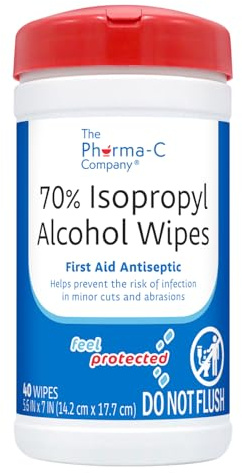 The Pharma-C Company 70% Isopropyl Alcohol Wipes [40 wipes] - IPA First Aid Antiseptic Wound Cleaner with Moisture Lock Lid. For minor cuts, scrapes, and burns.