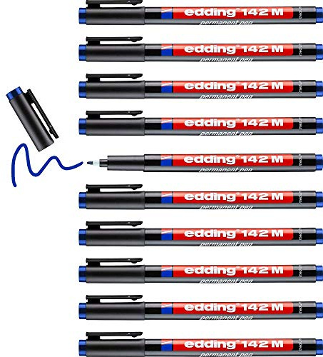 edding 142 M permanent pen - blue - 10 pens - round nib 1 mm - pen for writing on glass, plastic, foils and smooth surfaces - permanent, quick-drying, smudge-proof and waterproof