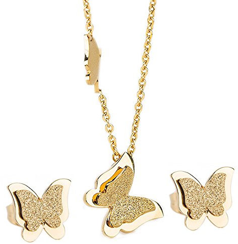 Kim Johanson Edelstahl Damen Schmuckset Schmetterling Halskette mit Anhänger & Ohrringe in Gold inkl. Geschenkverpackung