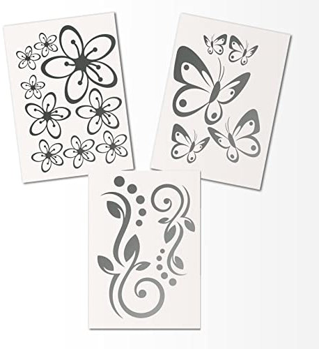 Hibiskus Schmetterling Blüten Ornament SET I - silbergrau - 30x21cm - Wall Sticker Wandtattoo Wandaufkleber - Dekoration, Küche, Wohnzimmer, Schlafzimmer, Badezimmer