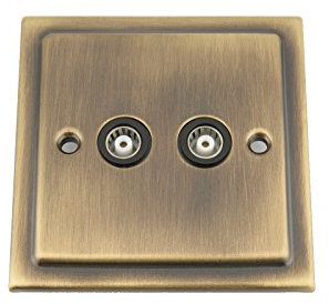 TV Coaxial Aerial Socket Double 2 Gang - Victorian - Antique Brass