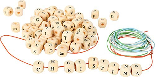 small foot Fädelspiel / Schmuck Bastel-Set, 300 Buchstaben-Perlen aus Holz mit Bändern zum Fädeln, ab 3 Jahren, 7553, Natur