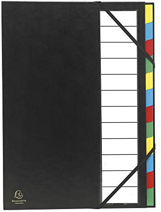 Exacompta 55340E Premium Ordnungsmappe Harmonika Ordonator. Mit festem Einband für DIN A4 12 Fächer und 2 Gummizüge mit Indexfenster und dehnbarem Rücken Register-Mappe 1 Stück Zufallsfarbe
